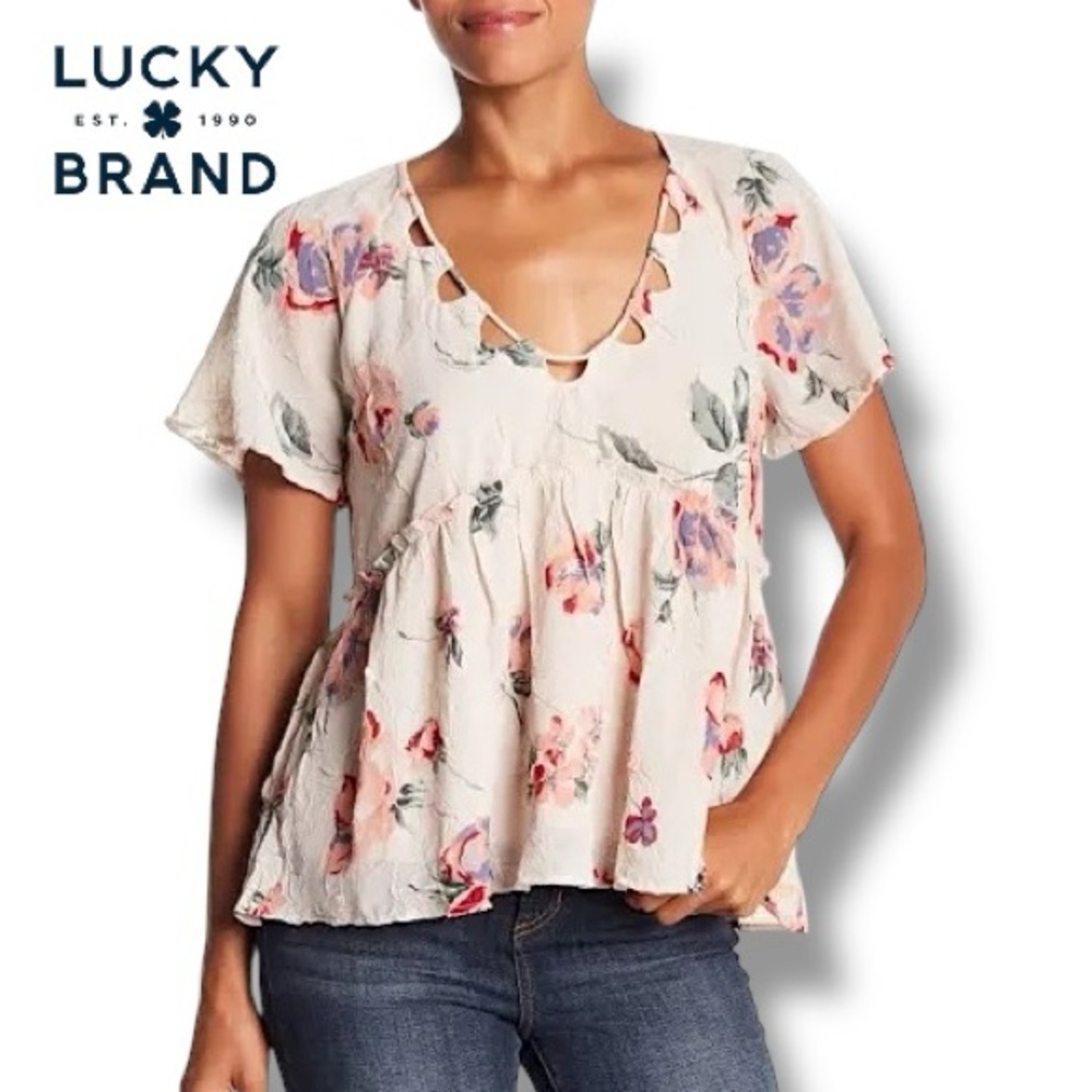 Lucky Brand Floral Flutter Top Peplum Babydoll Cutout Cottagecore Blouse Boho M